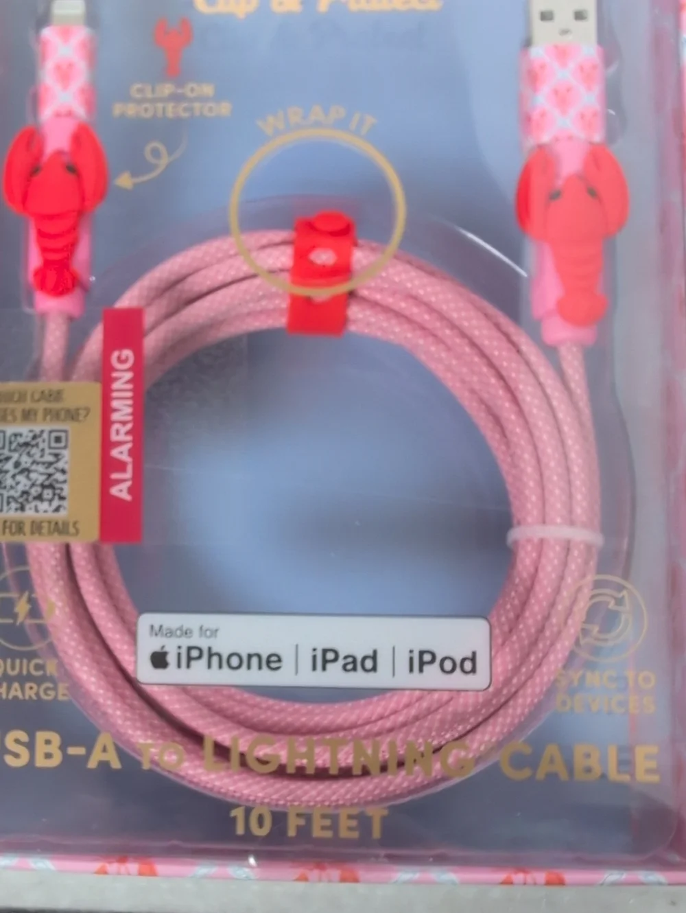 XO Poppy Lobster USB-A to Lightning Cable 10 Feet Clip & Protect